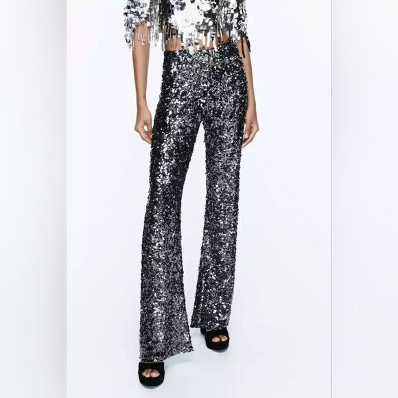 NWT ZARA FLARED SEQUIN LEGGINGS - Picture 14 of 15